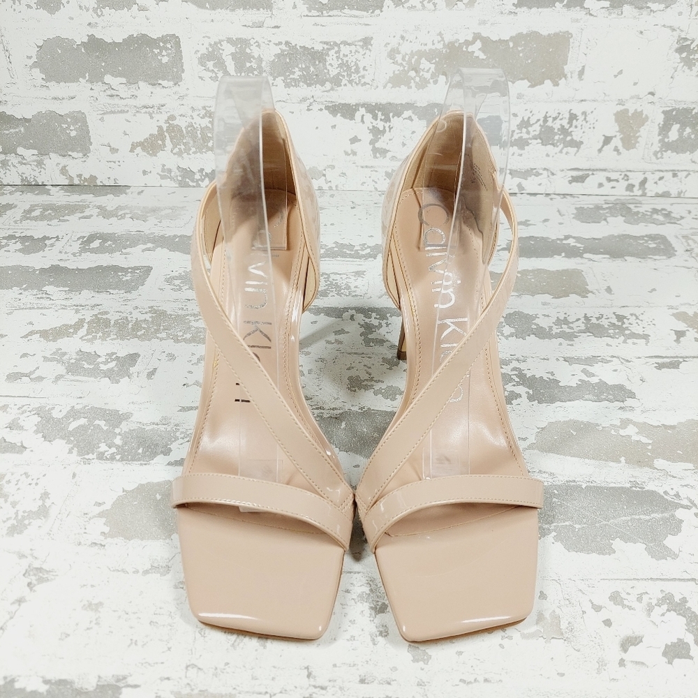New Calvin Klein Tracy Tan Patent Square Toe Heeled Sandals F248 - Picture 3 of 13